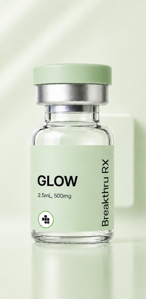 Breakthru Rx skin-brightening peptide blend, GLOW, 500mg vial.