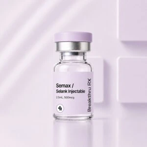 Vial labeled Semax/Selank Injectable on a lavender background