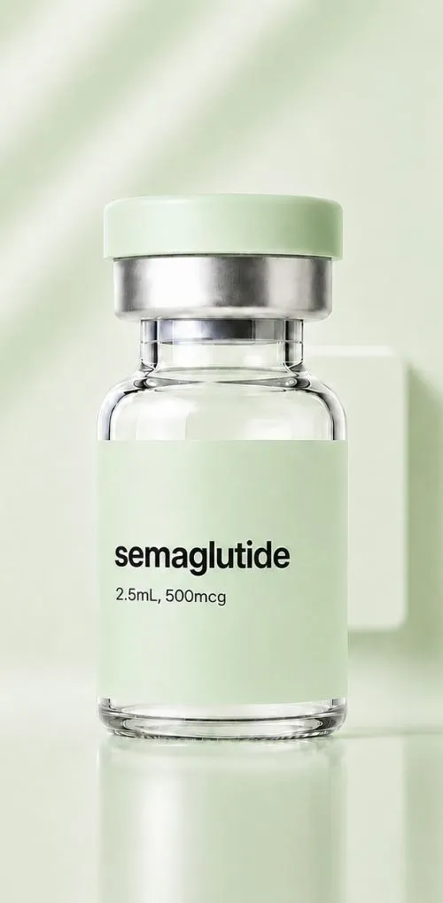 Vial labeled semaglutide on a green background.