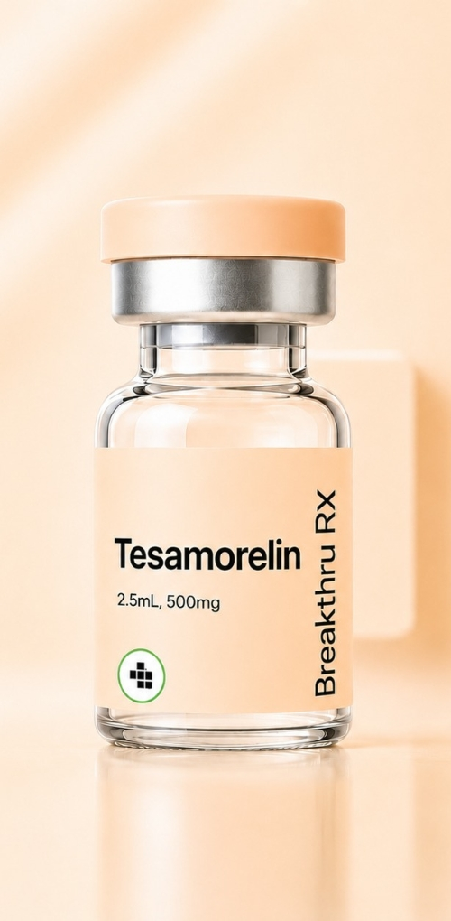 Vial labeled Tesamorelin on a peach background.