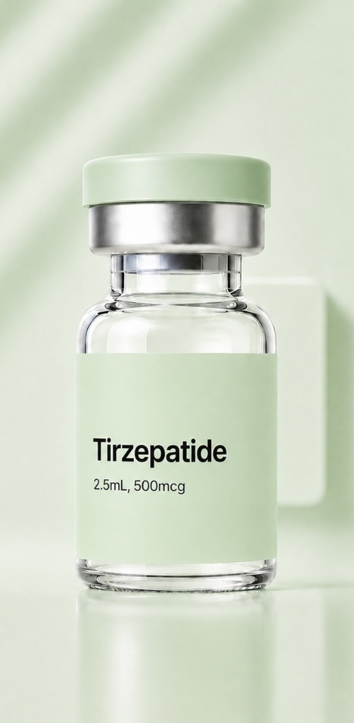 Vial labeled Tirzepatide on a green background