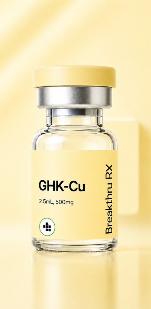 Vial labeled GHK-Cu on a peach background.