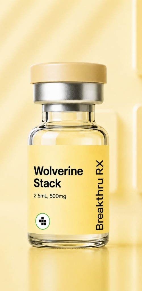 "Vial labeled Wolverine Stack on a yellow background."