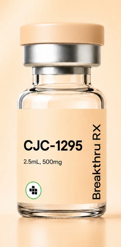 Vial labeled CJC-1295 on a peach background
