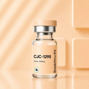 Vial labeled CJC-1295 on a peach background.