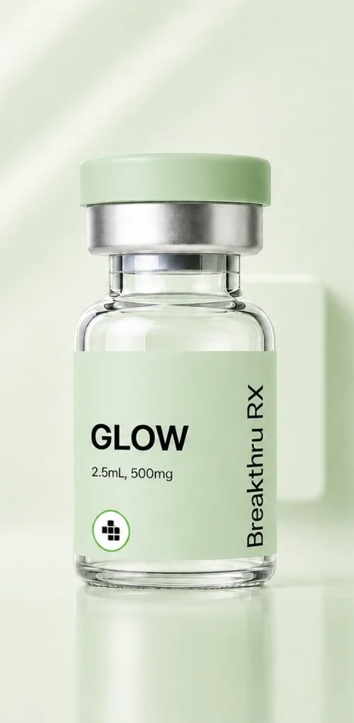 "Vial labeled GLOW on a green background."