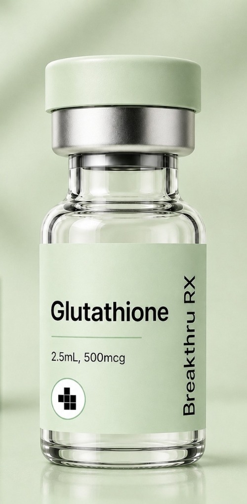 "Vial labeled Glutathione on a green background."