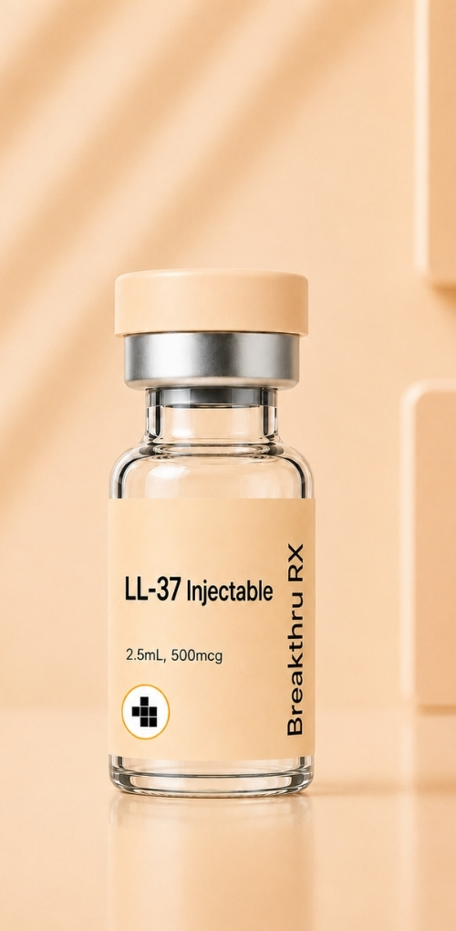 "Vial labeled LL-37 Injectable on a peach background."