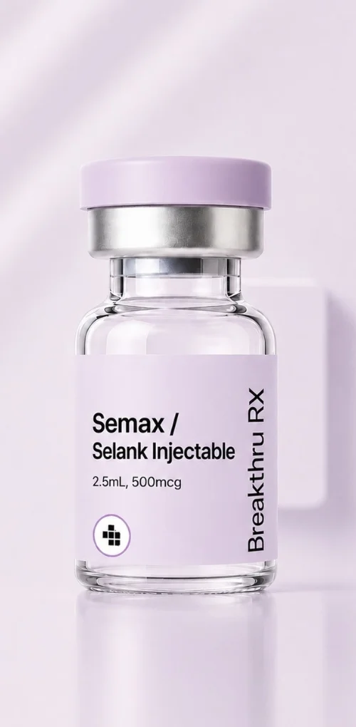 "Vial labeled Semax/Selank Injectable on a lavender background."