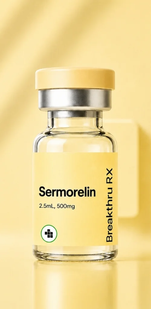 "Vial labeled Sermorelin on a peach background."