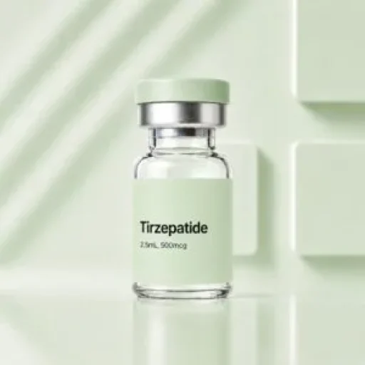 Vial labeled Tirzepatide on a green background.
