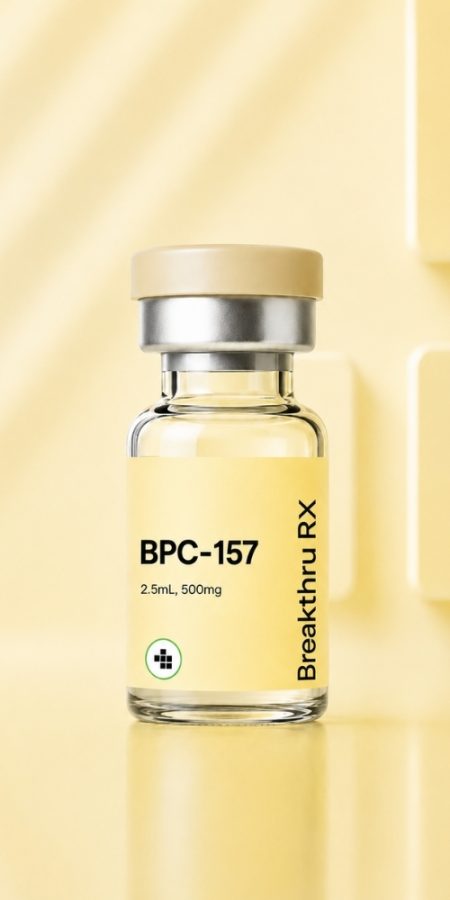 BPC-157 peptide vial, 2.5mL 500mg, by Breakthru Rx.